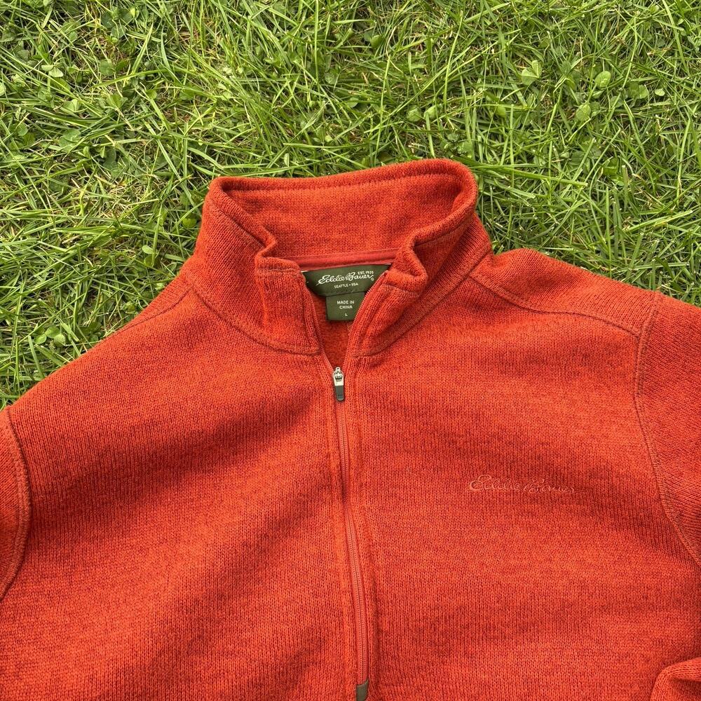 Eddie Bauer Mens Sz L 1/4 Zip Pullover Sweater Orange ZIP Sleeve